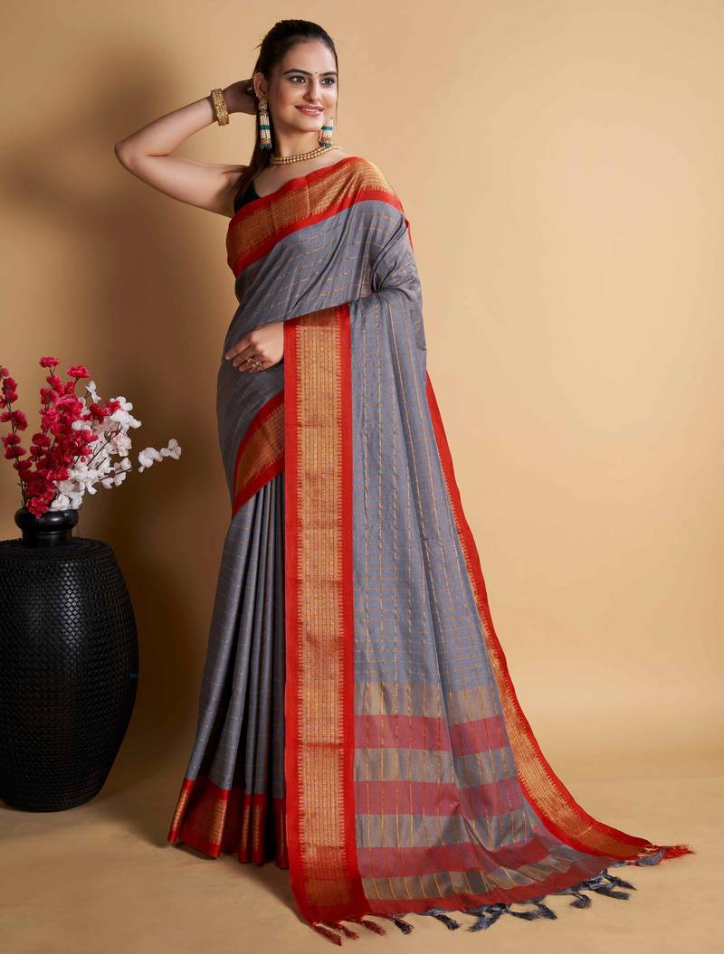 grey silk blend saree with striking pallu & blouse