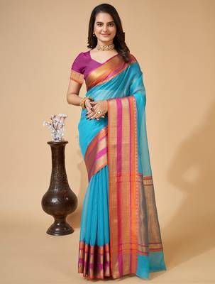 sky blue woven semi cotton saree 4