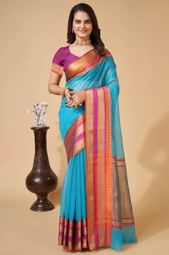 sky blue woven semi cotton saree