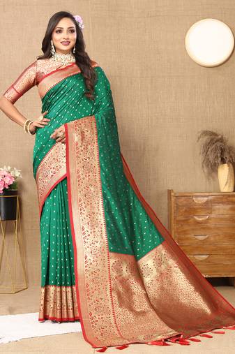 green all over zari motifs silk blend saree with contrast pallu