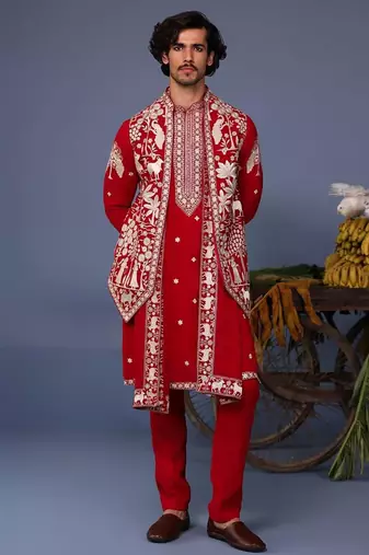 Aariz pichwai hot red kurta 1 jacket set