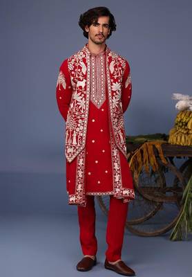 Aariz pichwai hot red kurta 1 jacket set 2
