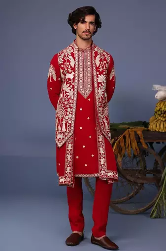 Aariz pichwai hot red kurta 1 jacket set