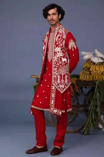 Aariz pichwai hot red kurta 1 jacket set