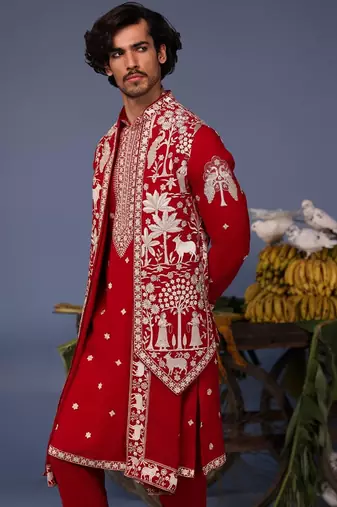 Aariz pichwai hot red kurta 1 jacket set