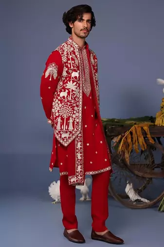 Aariz pichwai hot red kurta 1 jacket set