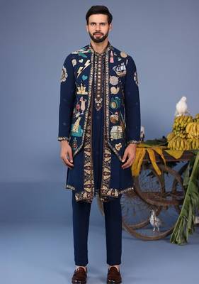 Maahir cocktail navy blue kurta 1 jacket set 1