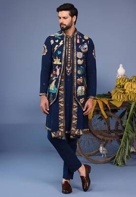 Maahir cocktail navy blue kurta 1 jacket set 2
