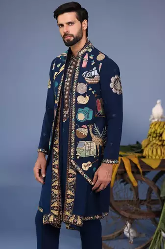 Maahir cocktail navy blue kurta 1 jacket set