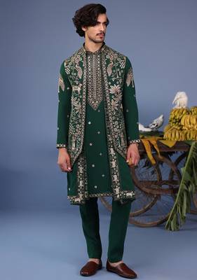 Azan pichwai zari bottle green kurta set 1