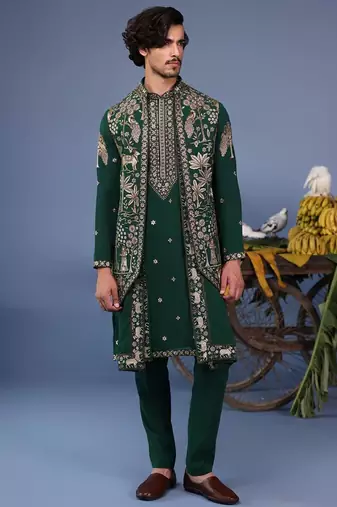 Azan pichwai zari bottle green kurta set
