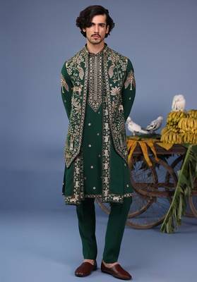 Azan pichwai zari bottle green kurta set 2
