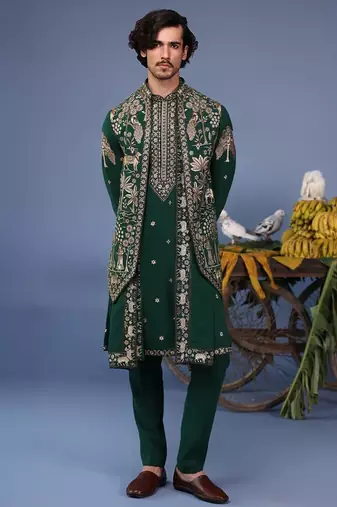 Azan pichwai zari bottle green kurta set