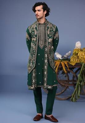 Azan pichwai zari bottle green kurta set 3