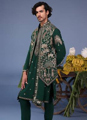 Azan pichwai zari bottle green kurta set 4