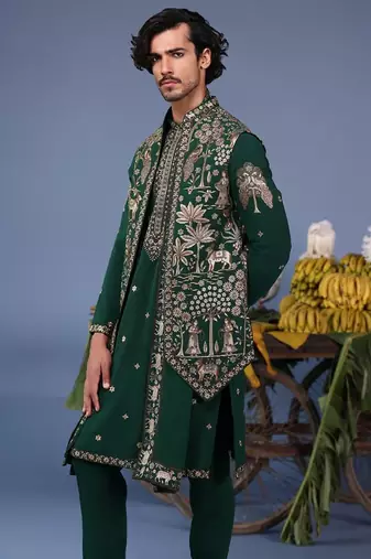 Azan pichwai zari bottle green kurta set