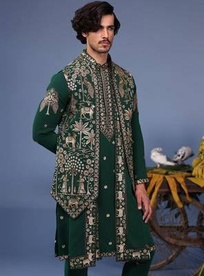 Azan pichwai zari bottle green kurta set 5
