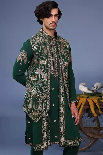Azan pichwai zari bottle green kurta set
