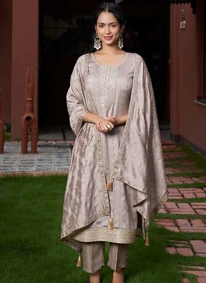 Women's  Vichitra Silk Embroidery Straight Kurta with Pant and Dupatta Set 1
