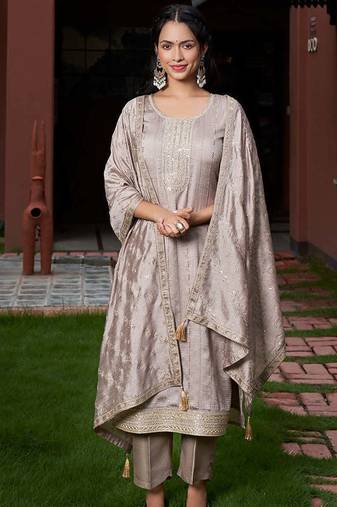 Women's Gorgeous Vichitra Silk Embroidery Straight Kurta with Pant and Dupatta Set