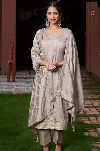 Women's Gorgeous Vichitra Silk Embroidery Straight Kurta with Pant and Dupatta Set