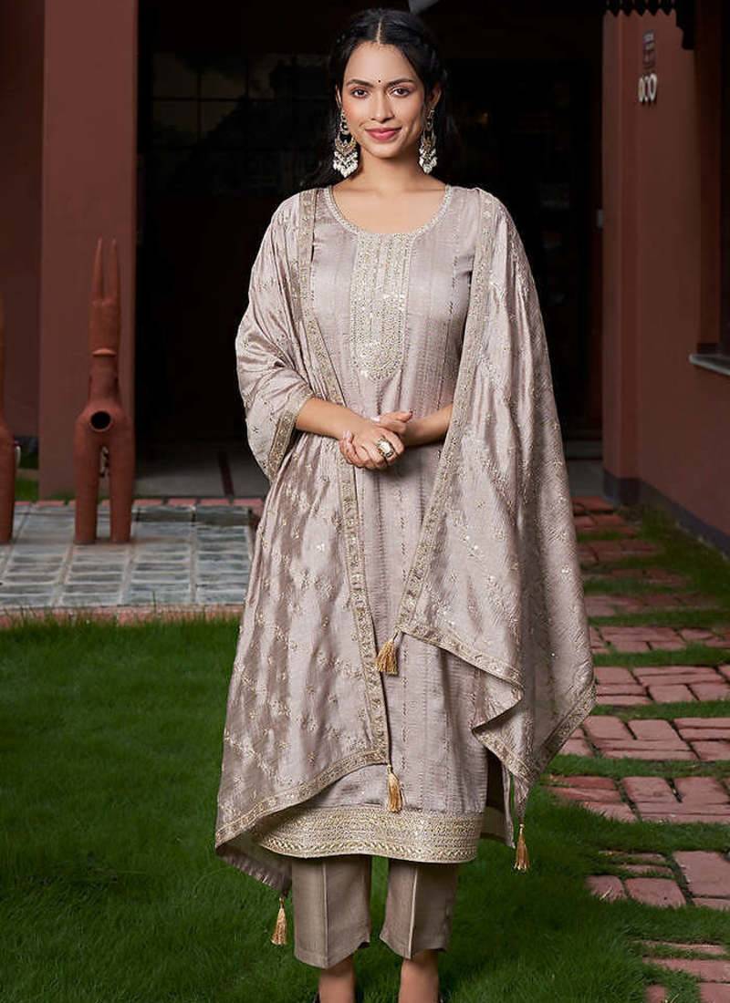 Women's Gorgeous Vichitra Silk Embroidery Straight Kurta with Pant and Dupatta Set