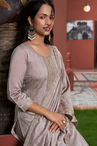 Women's  Vichitra Silk Embroidery Straight Kurta with Pant and Dupatta Set
