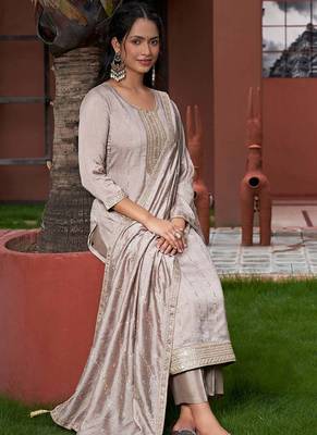 Women's  Vichitra Silk Embroidery Straight Kurta with Pant and Dupatta Set 4