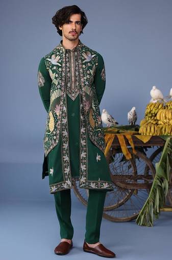Azlaan wild grace bottle green kurta 1 jacket set
