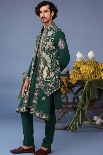 Azlaan wild grace bottle green kurta 1 jacket set