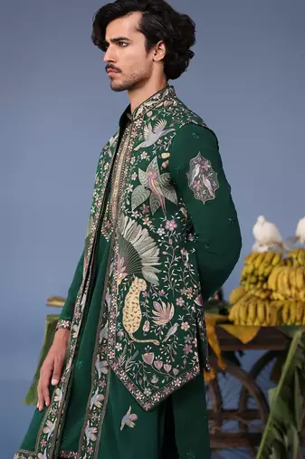 Azlaan wild grace bottle green kurta 1 jacket set