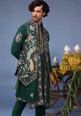 Azlaan wild grace bottle green kurta 1 jacket set 4