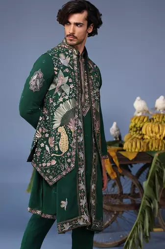 Azlaan wild grace bottle green kurta 1 jacket set