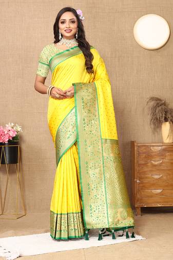 lemon all over zari motifs silk blend saree with contrast pallu