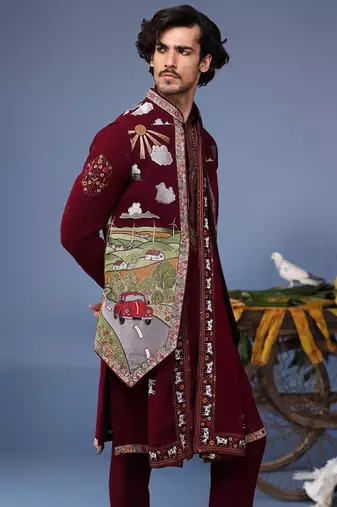 musaafir wine kurta 1 jacket set