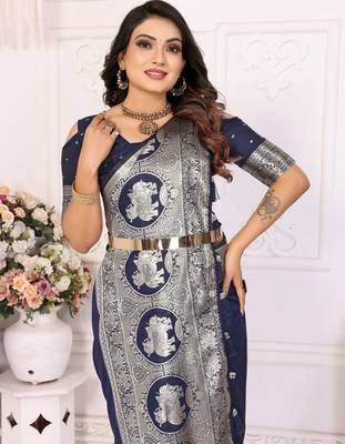 Blue faux banarasi silk blend saree 4