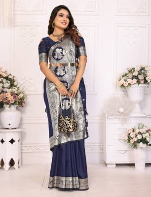 Blue faux banarasi silk blend saree 5