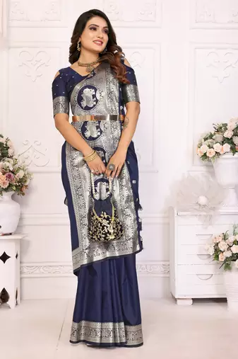 Blue faux banarasi silk blend saree