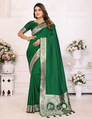 Green faux banarasi silk blend saree 1