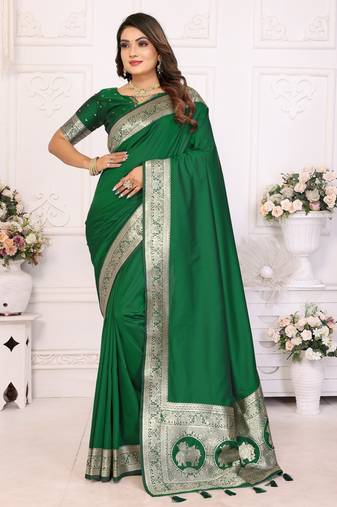 Green banarasi silk blend saree