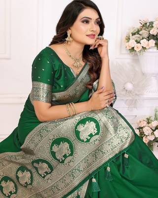 Green faux banarasi silk blend saree 4