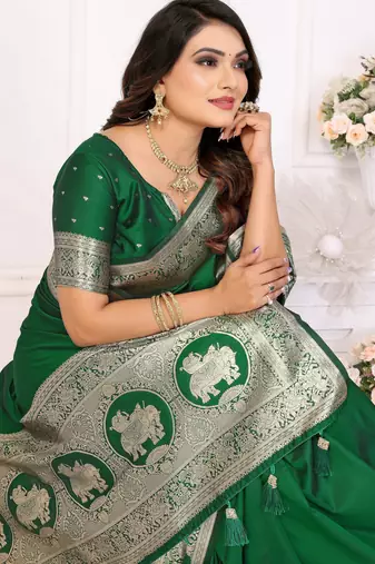 Green faux banarasi silk blend saree