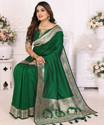 Green faux banarasi silk blend saree 5