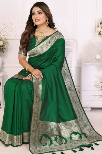 Green faux banarasi silk blend saree