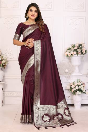 Wine banarasi silk blend saree