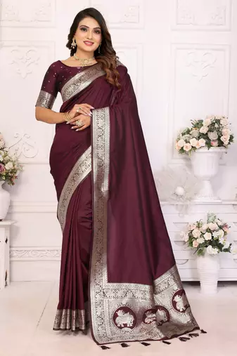 Wine banarasi silk blend saree