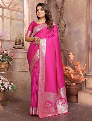Pink faux banarasi silk blend saree 1
