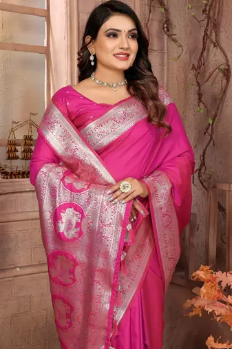 Pink faux banarasi silk blend saree