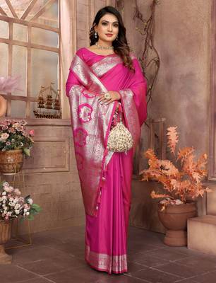 Pink faux banarasi silk blend saree 5