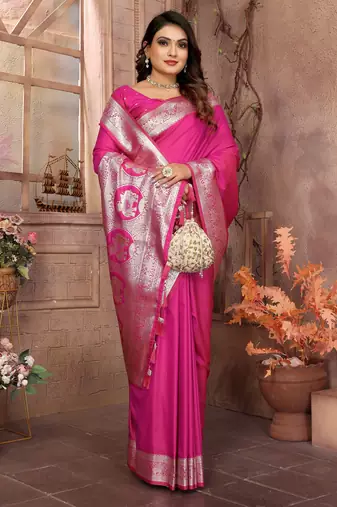 Pink faux banarasi silk blend saree